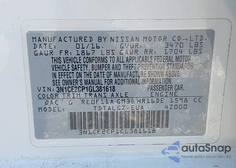 2016 Nissan Versa Note S/S Plus/Sv/Sl/Sr из США, поврежденный, VIN 3N1CE2CP1GL381618